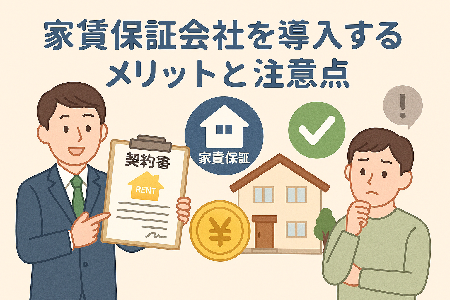 家賃保証会社の導入によるメリットと注意点を説明するイラスト。契約書を持つ担当者、住宅、家賃保証のアイコン、悩む入居者が描かれている。
