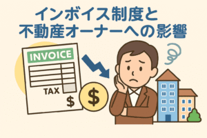 インボイス制度の影響に悩む不動産オーナーと請求書、住宅のイラスト