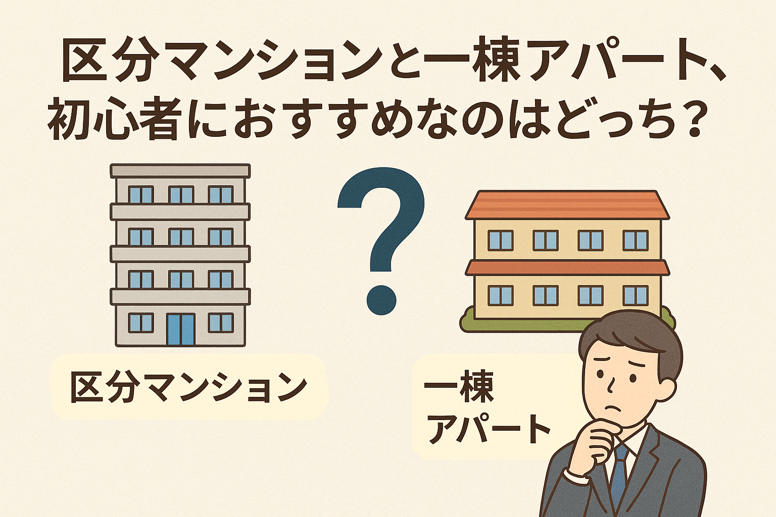 区分マンションと一棟アパートを比較するイラスト。中央にクエスチョンマークと考える男性の姿。