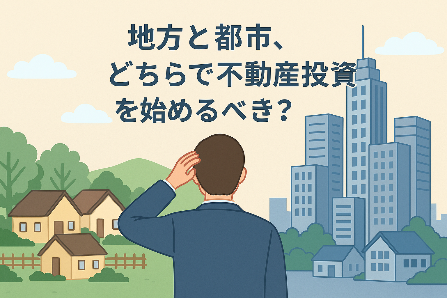 地方の住宅街と都市の高層ビルを対比させ、不動産投資を始める場所に悩む人物を描いたアイキャッチ画像。「地方と都市、どちらで不動産投資を始めるべき？」というタイトル入り。