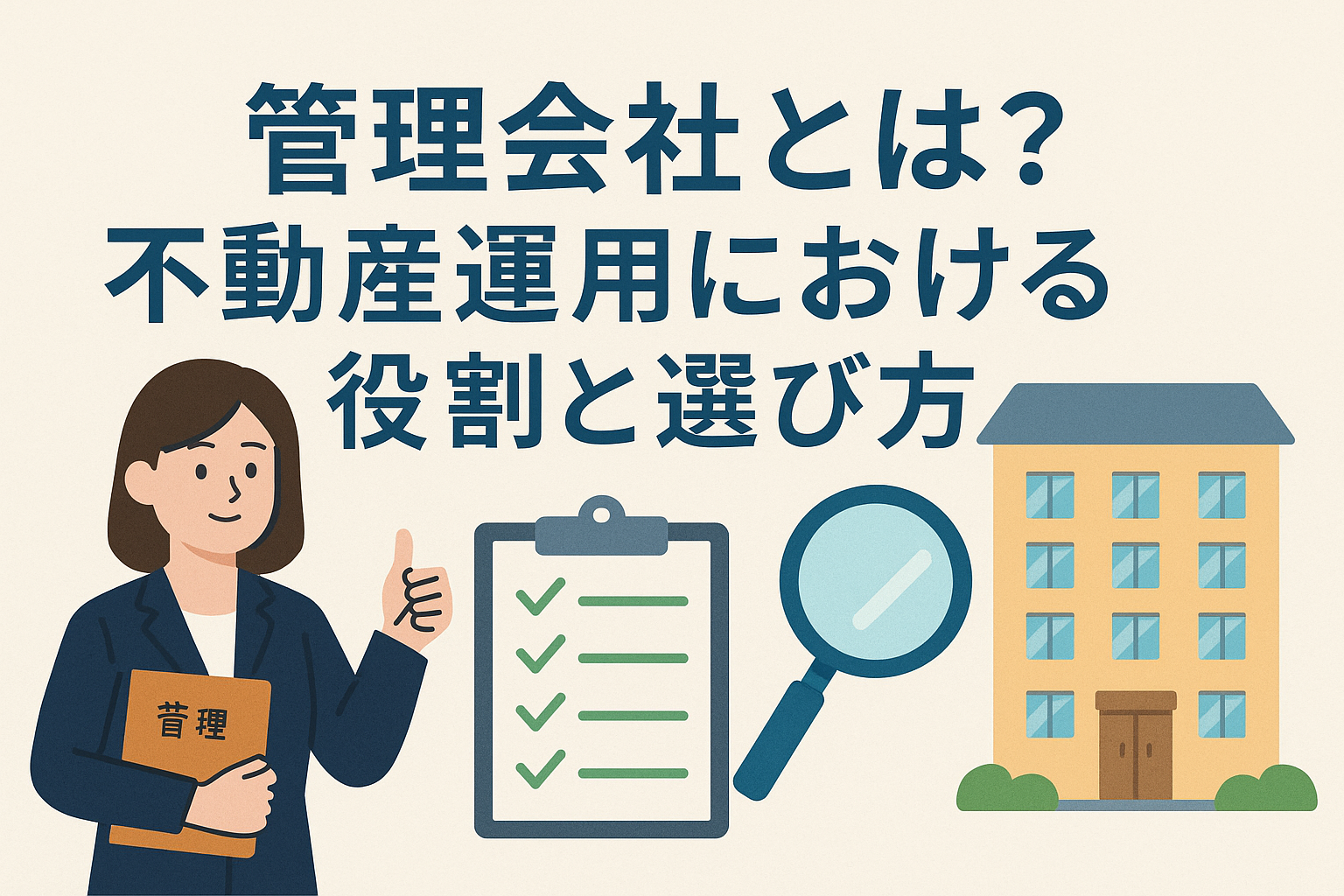 不動産管理会社の役割と選び方をテーマにしたアイキャッチ画像。管理担当者、チェックリスト、建物、虫眼鏡を描いた精緻なデザイン。
