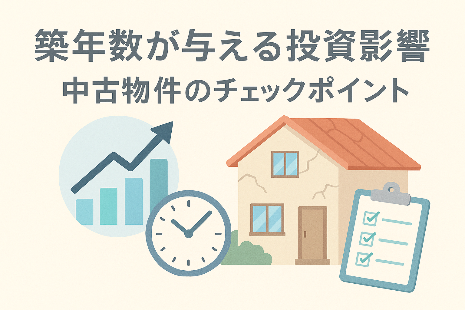 築年数が不動産投資に与える影響を表現したアイキャッチ画像。古い住宅、チェックリスト、時計、成長グラフのイラストと日本語タイトル入り。