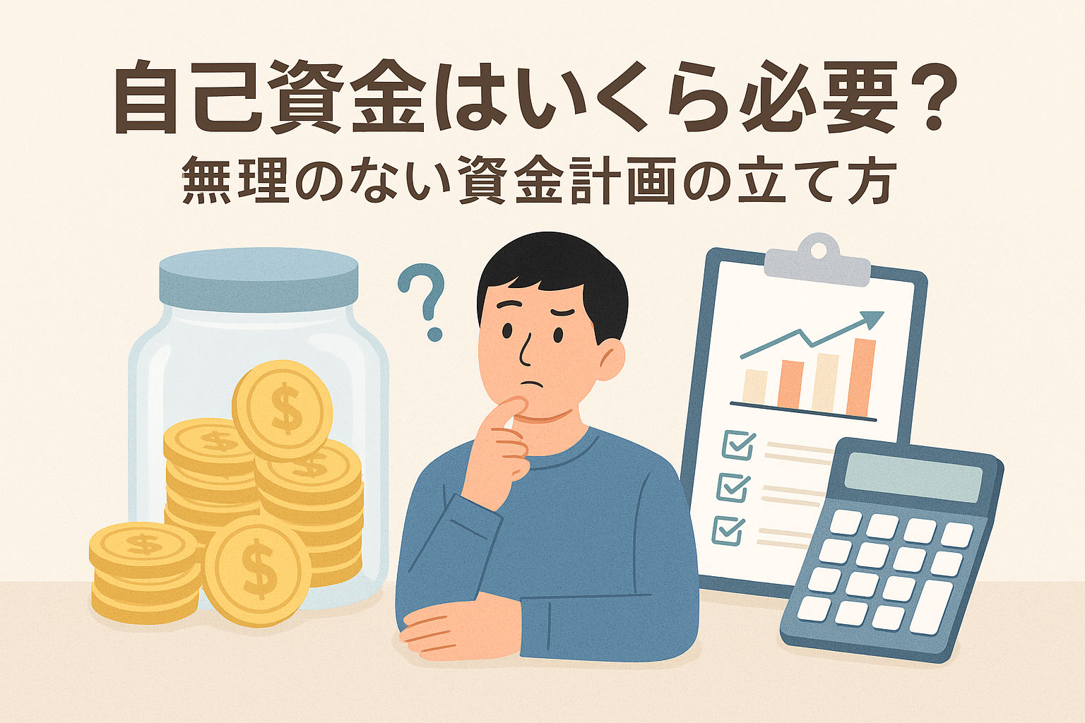 自己資金の必要額と資金計画をテーマにしたアイキャッチ画像。貯金瓶、コイン、計算機、チェックリスト、悩む人物のイラスト、日本語タイトル入り。