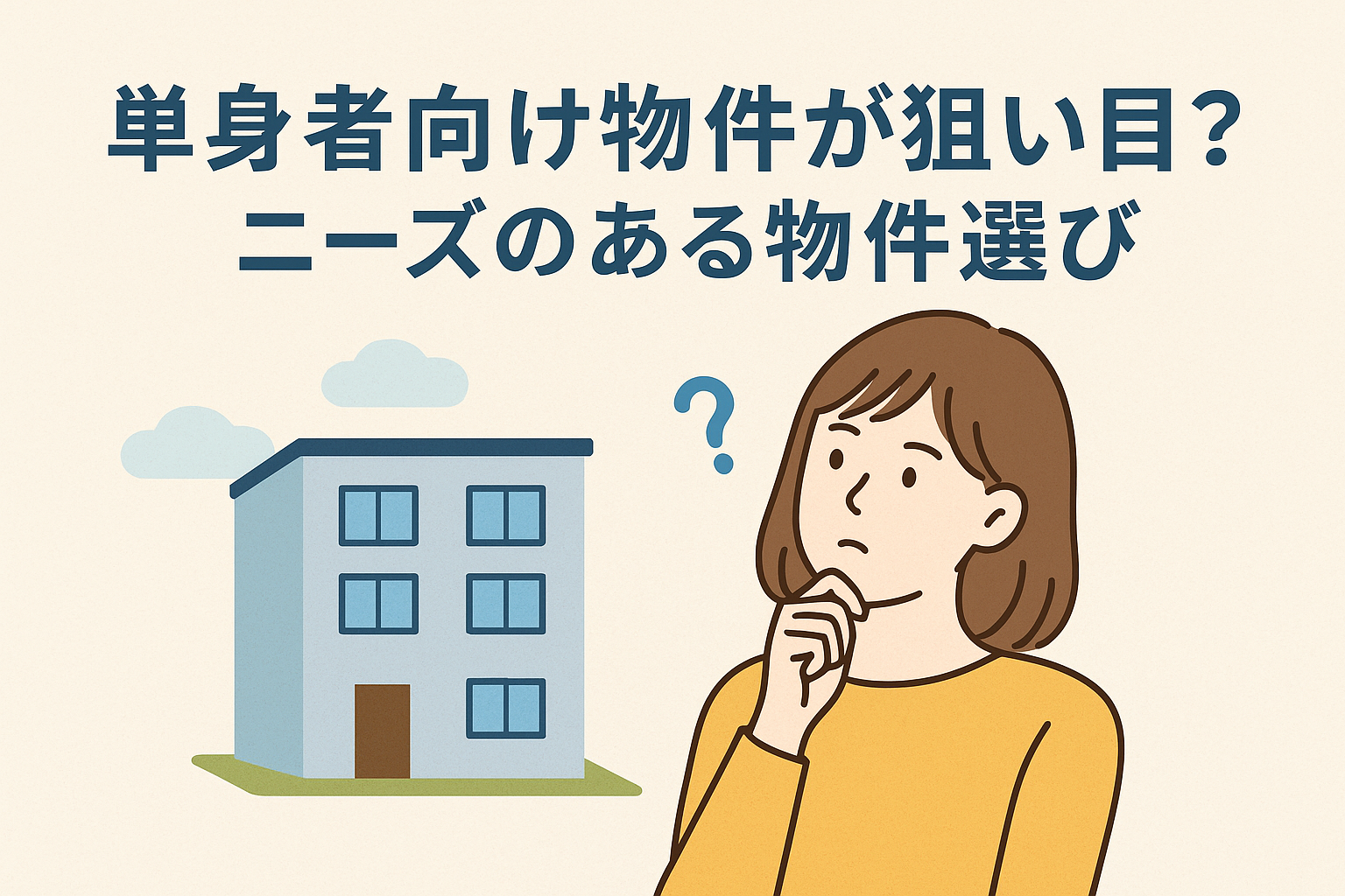 単身者向け物件の需要と選び方をテーマにした記事のアイキャッチ画像。アパートと考える女性のイラスト。