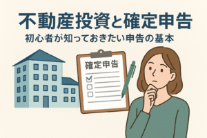 不動産投資と確定申告の基本を解説する記事のアイキャッチ画像。建物、確定申告書類、考える女性のイラスト。