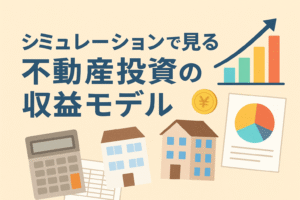 不動産投資の収益モデルをシミュレーションすることを解説する記事のアイキャッチ画像。建物、電卓、グラフ、円グラフのイラスト。