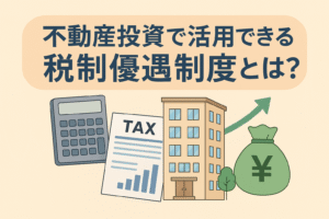 不動産投資で活用できる税制優遇制度をテーマにした記事のアイキャッチ画像。建物、電卓、税金の書類、円マークの袋のイラスト。