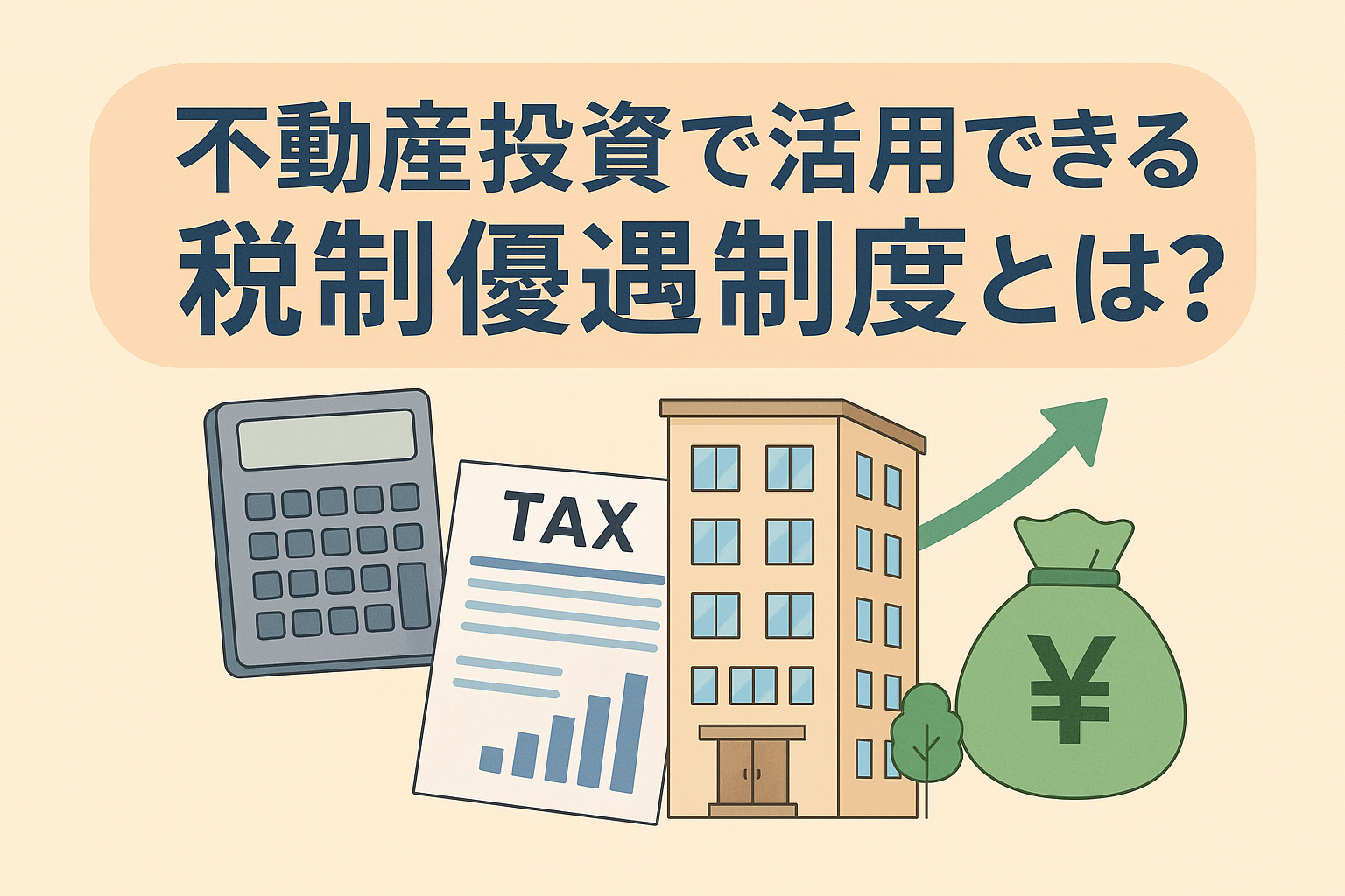 不動産投資で活用できる税制優遇制度をテーマにした記事のアイキャッチ画像。建物、電卓、税金の書類、円マークの袋のイラスト。