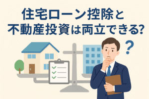 住宅ローン控除と不動産投資の両立をテーマにしたアイキャッチ画像。家とマンションを天秤にかけ、考える経営者のイラスト、日本語見出し入り。