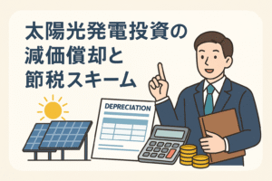 太陽光発電投資の減価償却と節税スキームを表すイラスト。ソーラーパネル、電卓、書類、コイン、スーツ姿のビジネスマンが描かれている。