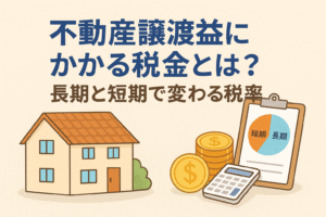 不動産譲渡益にかかる税金をテーマにしたアイキャッチ画像。家、コイン、電卓、短期・長期の比較を示すグラフを描いたイラスト。