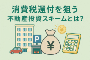 消費税還付を狙う不動産投資スキームをイメージしたアイキャッチ画像。マンション、駐車場、車、コイン、電卓、現金袋を組み合わせたイラスト。