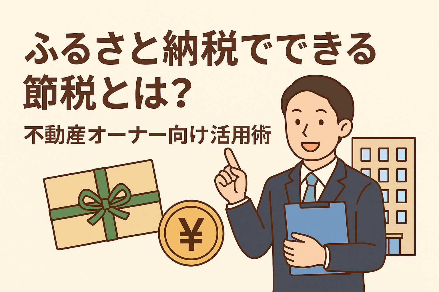 ふるさと納税による節税活用をテーマにしたアイキャッチ画像。不動産オーナー、建物、ギフト箱、コインを組み合わせた親しみやすいイラスト。