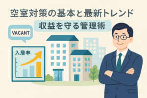 空室対策の基本と最新トレンドをテーマにしたアイキャッチ画像。入居率上昇のグラフ、マンション群、不動産オーナーのイラストを配置。