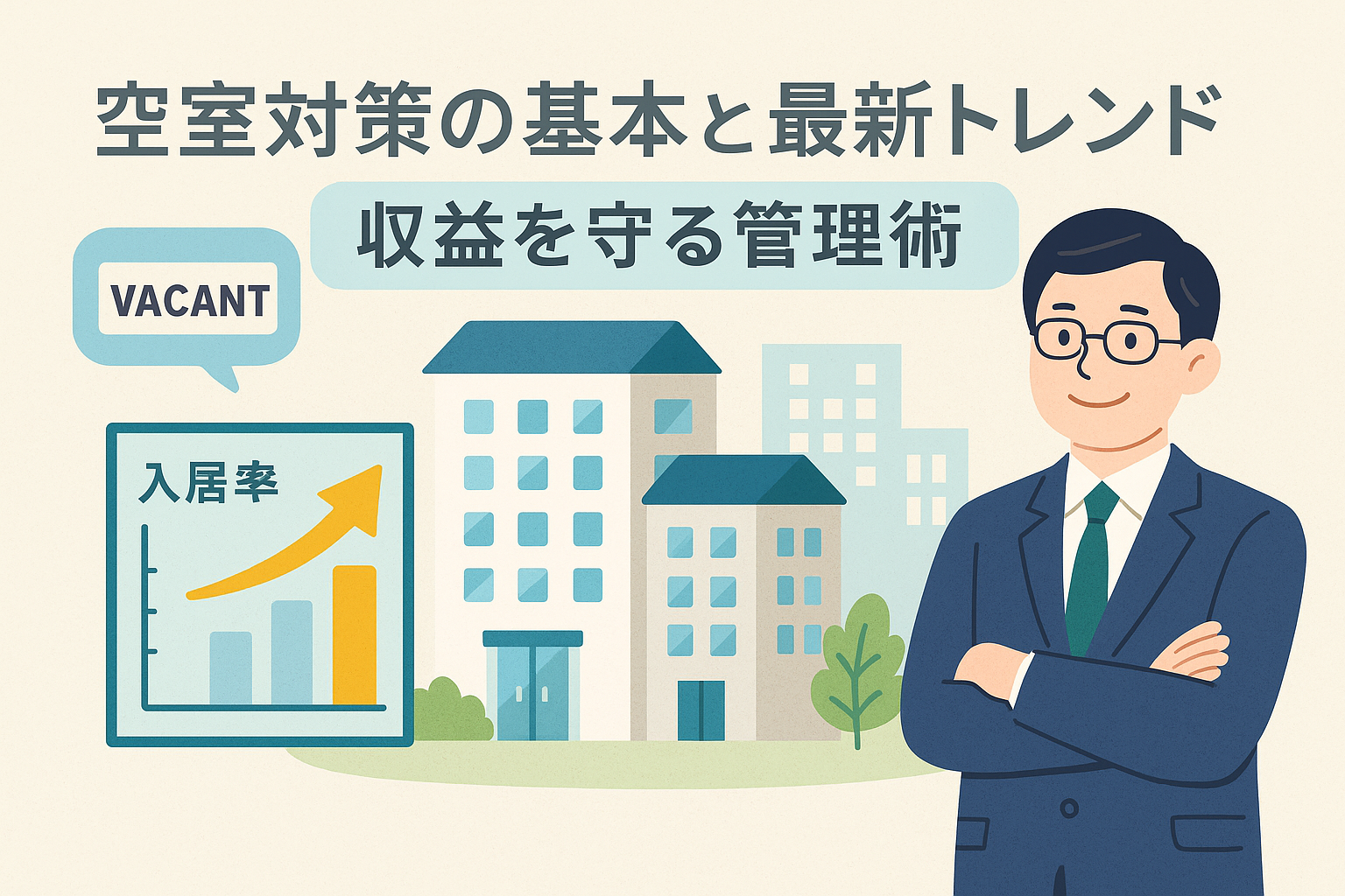 空室対策の基本と最新トレンドをテーマにしたアイキャッチ画像。入居率上昇のグラフ、マンション群、不動産オーナーのイラストを配置。