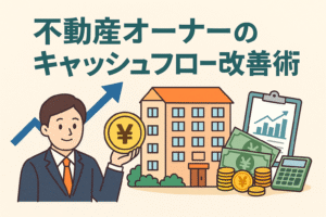 不動産オーナーのキャッシュフロー改善術をテーマにしたアイキャッチ画像。スーツ姿の人物、賃貸物件、グラフやお金のイラストで資金管理を表現。