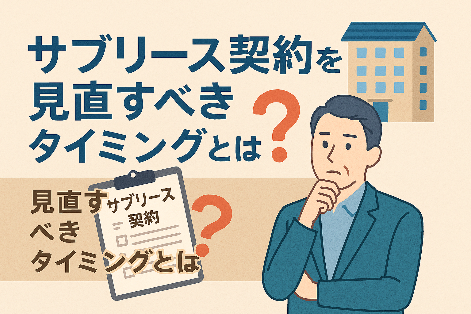 サブリース契約を見直すべきタイミングをテーマにしたアイキャッチ画像。考え込む不動産オーナー、賃貸マンション、契約書とチェックリストを描いたイラスト。