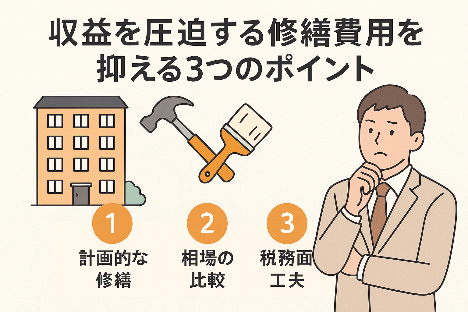 収益を圧迫する修繕費用を抑える3つのポイントをテーマにした日本語インフォグラフィック。マンション、修繕道具、不動産オーナーの人物、3つの改善策アイコンを描いたデザイン。