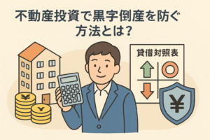 不動産投資で黒字倒産を防ぐ方法をテーマにしたイラスト。電卓を持つ男性、不動産ビル、貸借対照表、円マークのシールドが描かれている