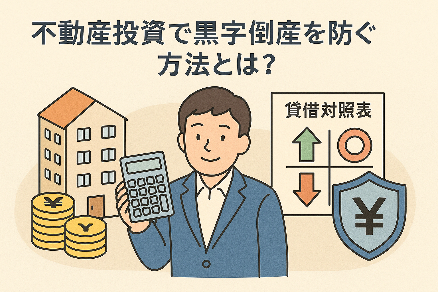 不動産投資で黒字倒産を防ぐ方法をテーマにしたイラスト。電卓を持つ男性、不動産ビル、貸借対照表、円マークのシールドが描かれている