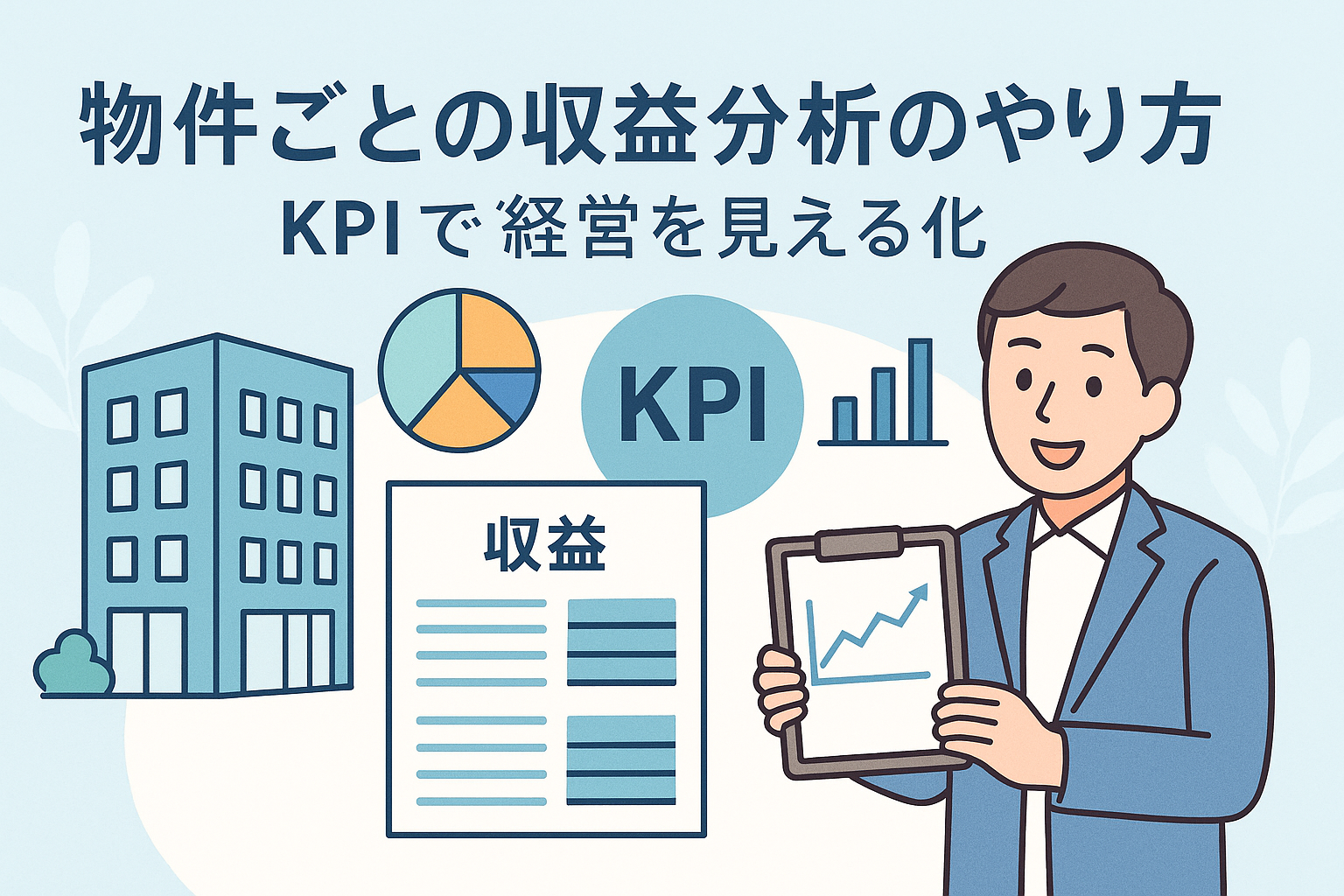 物件ごとの収益分析のやり方をテーマにしたイラスト。ビルと収益レポート、KPIのグラフ、クリップボードを持つ男性が描かれている