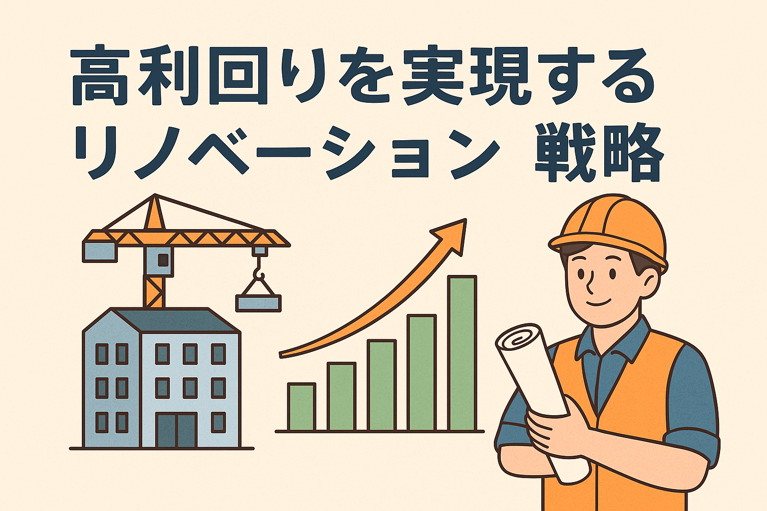 高利回りを実現するリノベーション戦略をテーマにしたイラスト。建設中の建物、上昇するグラフ、設計図を持つ作業員が描かれている