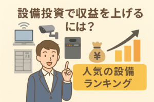 設備投資で収益を上げる方法をテーマにしたイラスト。ノートPC、防犯カメラ、宅配ボックスなど人気設備と上昇するグラフを描いている