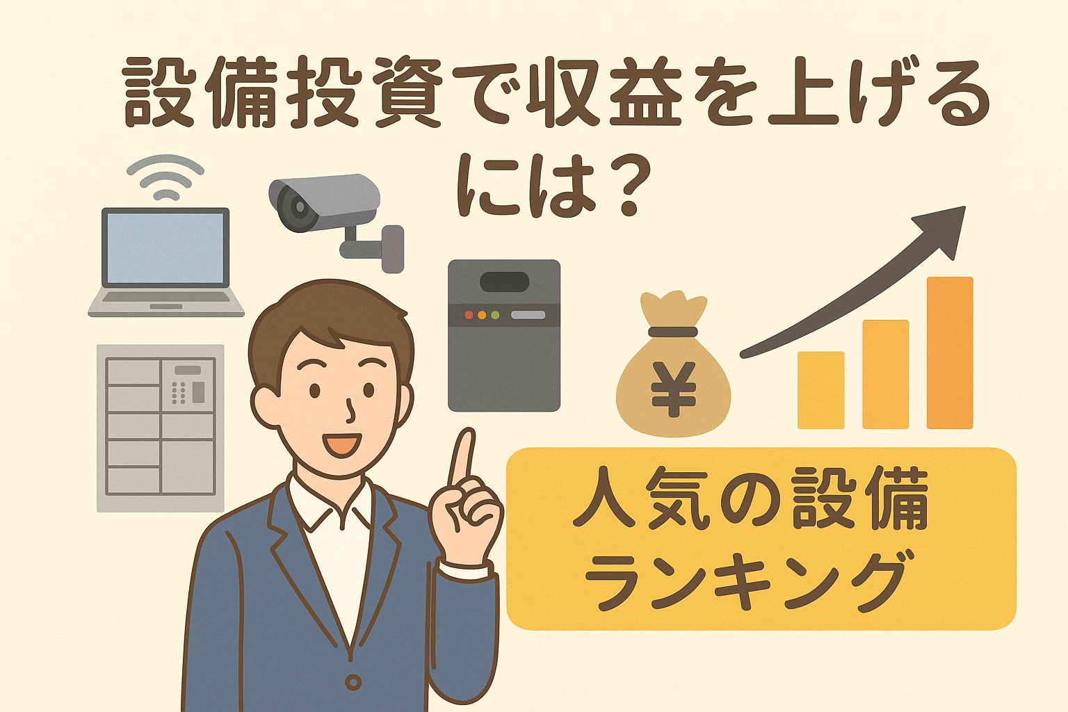 設備投資で収益を上げる方法をテーマにしたイラスト。ノートPC、防犯カメラ、宅配ボックスなど人気設備と上昇するグラフを描いている