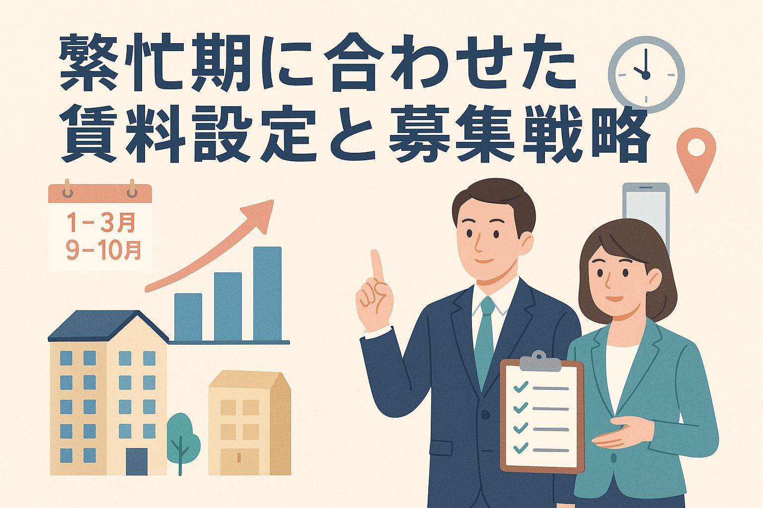 繁忙期に合わせた賃料設定と募集戦略を表すイラスト。カレンダー(1–3月/9–10月)と上昇グラフ、賃貸マンション、チェックリストを持つビジネスパーソンが描かれている