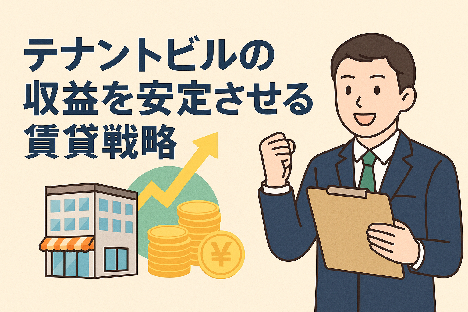 テナントビルの収益を安定させる賃貸戦略をテーマにしたイラスト。商業ビル、上昇する矢印グラフ、硬貨の山、クリップボードを持つ男性が描かれている