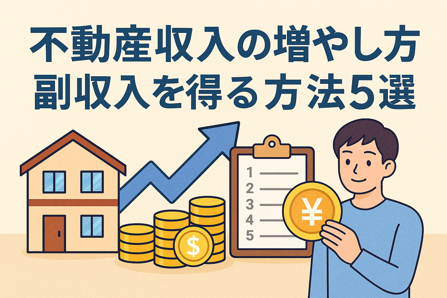 不動産収入の増やし方と副収入を得る方法5選をテーマにしたイラスト。家、上昇グラフ、コイン、チェックリスト、笑顔の人物が描かれている