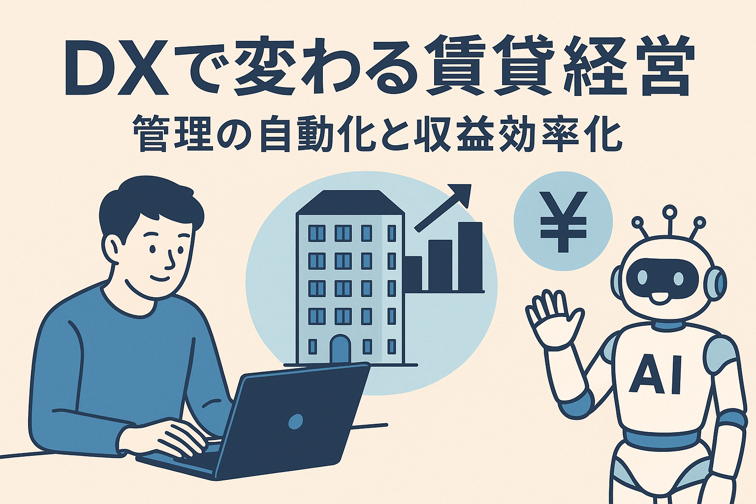 DXで変わる賃貸経営をテーマにしたイラスト。パソコンを操作する男性、賃貸マンション、成長グラフ、円マーク、AIロボットが描かれている