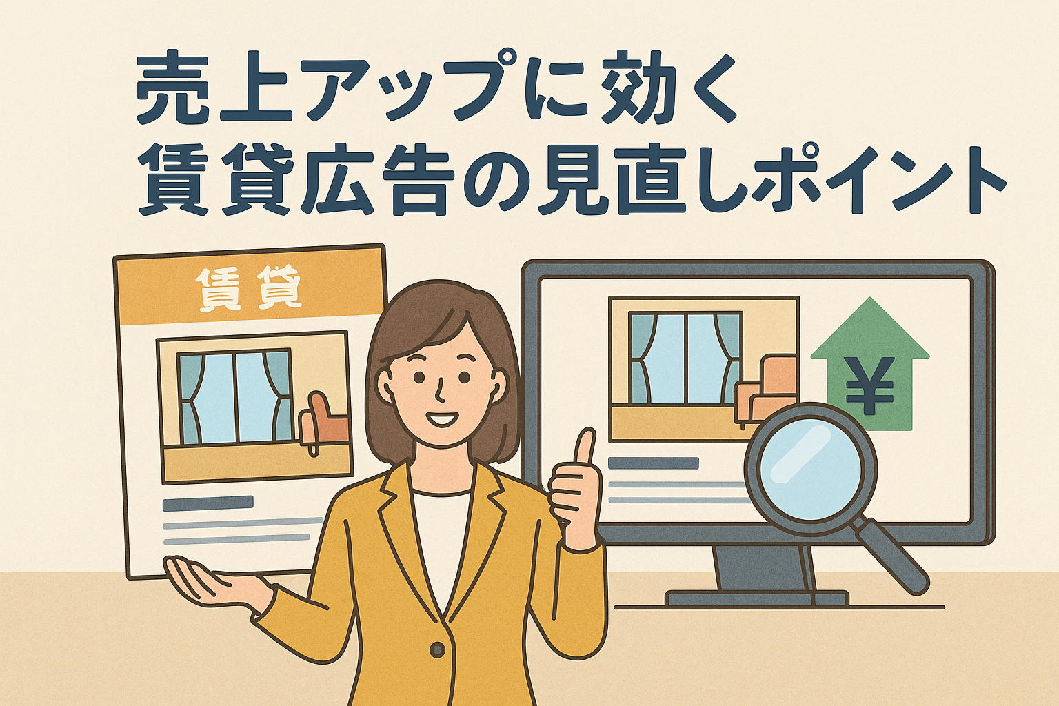 売上アップに効く賃貸広告の見直しポイントをテーマにしたイラスト。女性が賃貸広告を持ち、パソコン画面に物件情報と上昇する円マークのグラフが描かれている