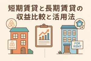 短期賃貸と長期賃貸の収益比較と活用法をテーマにしたイラスト。短期賃貸を象徴する建物とAirbnbロゴ、長期賃貸を象徴するFOR RENT看板付きの建物、中央に収益グラフが描かれている