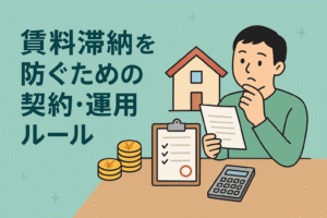 賃料滞納を防ぐための契約・運用ルールを示すイラスト。契約書や電卓、コイン、家のイメージを背景に考える人物が描かれている。