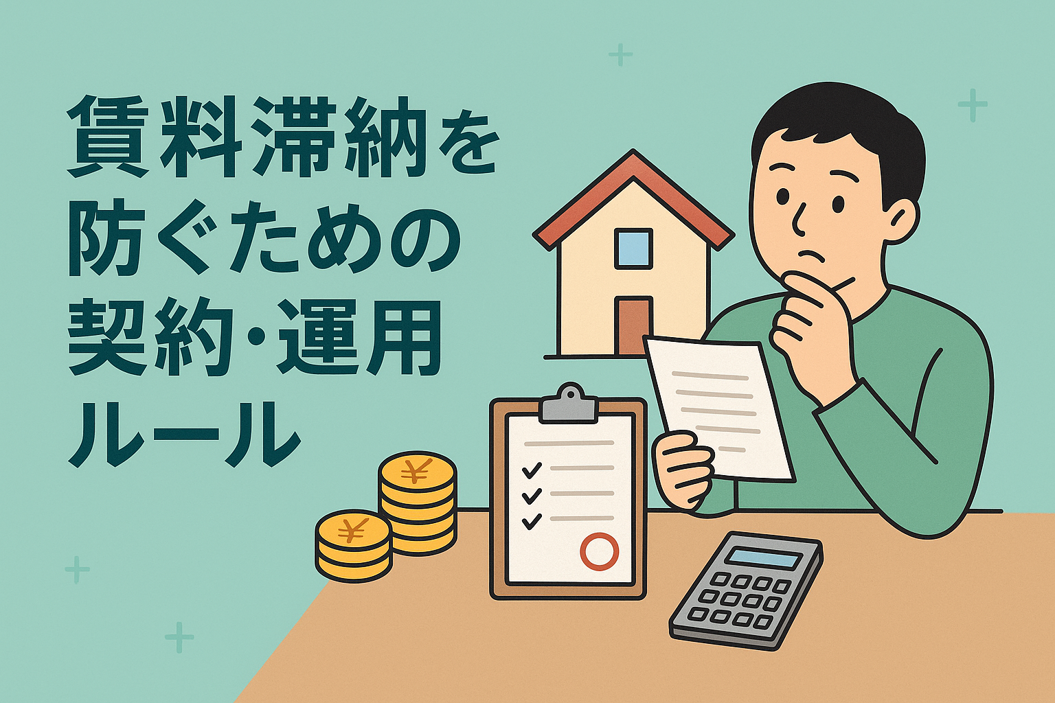 賃料滞納を防ぐための契約・運用ルールを示すイラスト。契約書や電卓、コイン、家のイメージを背景に考える人物が描かれている。
