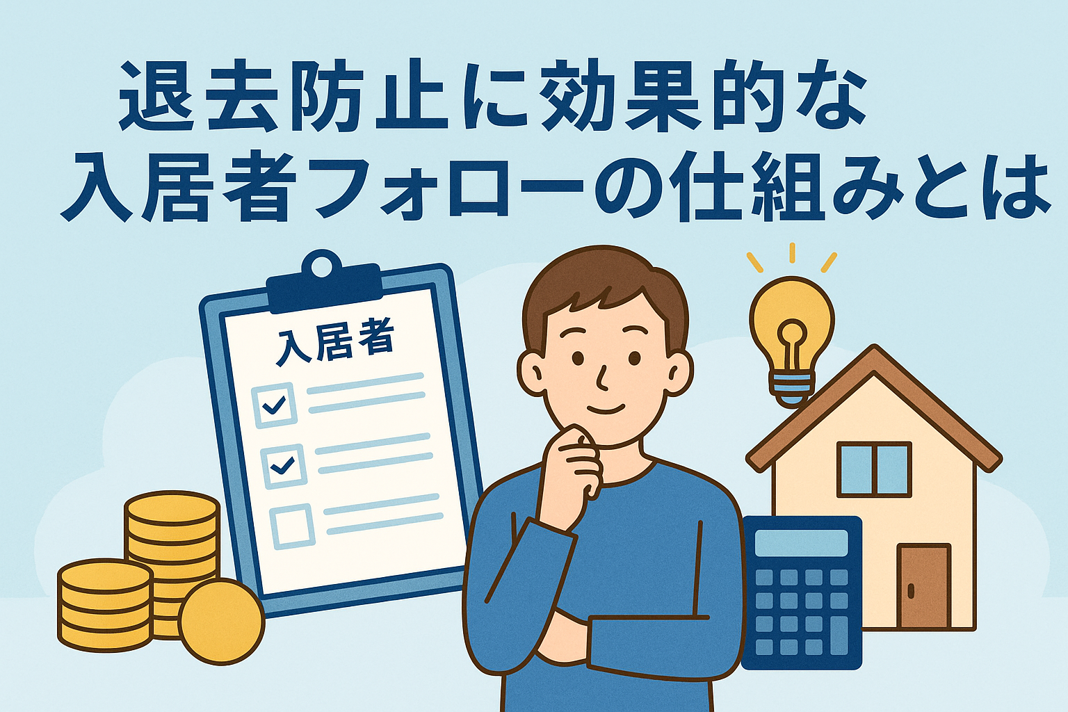 退去防止に効果的な入居者フォローの仕組みを表すイラスト。入居者チェックリスト、電球、家、コインなどが描かれた親しみやすいデザイン。
