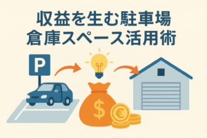 駐車場と倉庫スペースを活用して収益化することを表現したイラスト。駐車場、倉庫、コイン、電球のアイコンが描かれている。