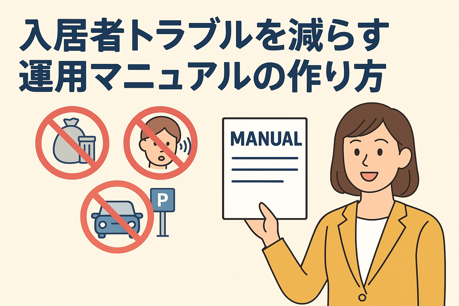 入居者トラブルを減らす運用マニュアルの作り方を示すイラスト。女性がマニュアルを掲げ、ゴミ出し・騒音・駐車場トラブルの禁止アイコンが描かれている。