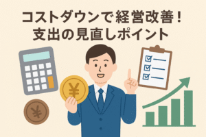 コストダウンで経営改善をテーマにしたイラスト。スーツ姿の人物、電卓、円マークのコイン、チェックリスト、成長する棒グラフが描かれている。