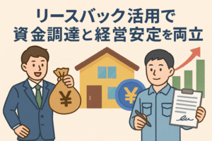 リースバック活用で資金調達と経営安定を両立する方法を表すイラスト。家と契約書、資金袋、成長グラフを背景にビジネスマンが描かれている。