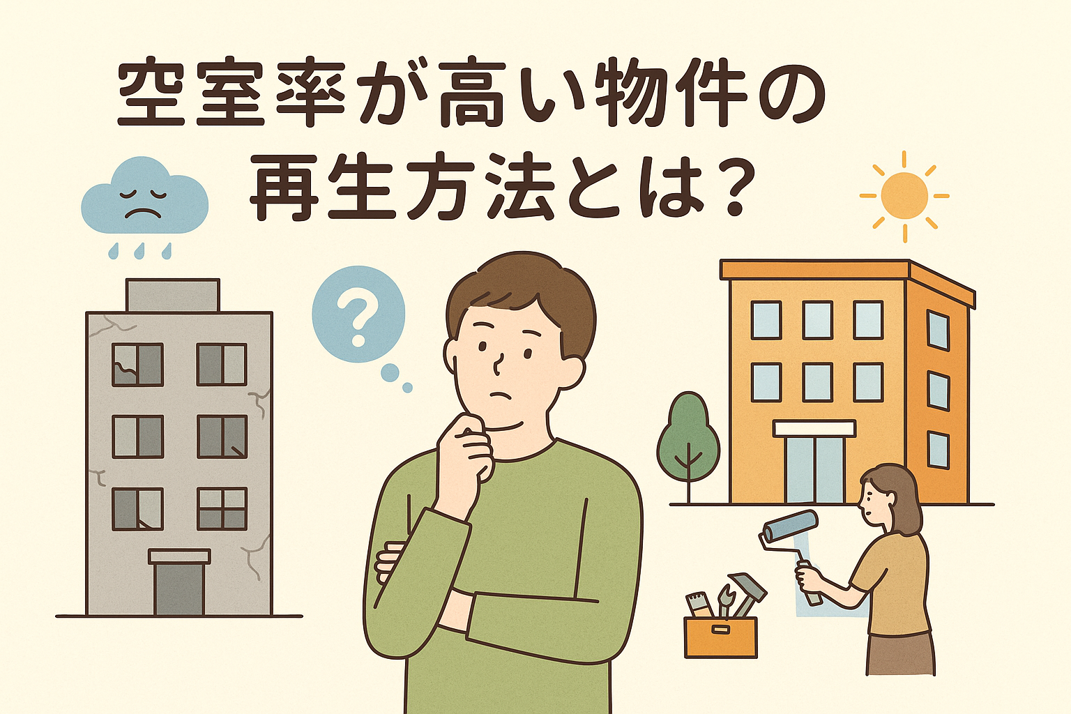 空室率が高い物件の再生方法をテーマにしたイラスト。老朽化した建物と改善された建物を対比し、再生を検討する人物が描かれている。