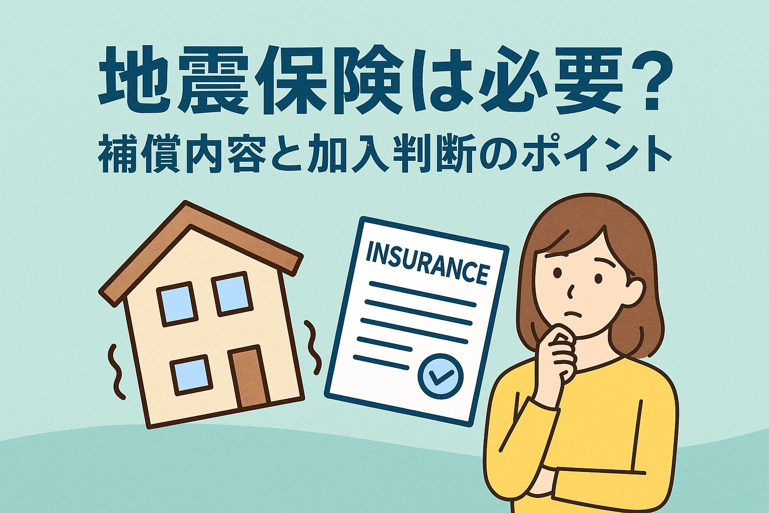 地震保険の必要性を考える女性と揺れる家、保険証書を描いたイラスト。補償内容と加入判断のポイントを説明する記事用アイキャッチ。