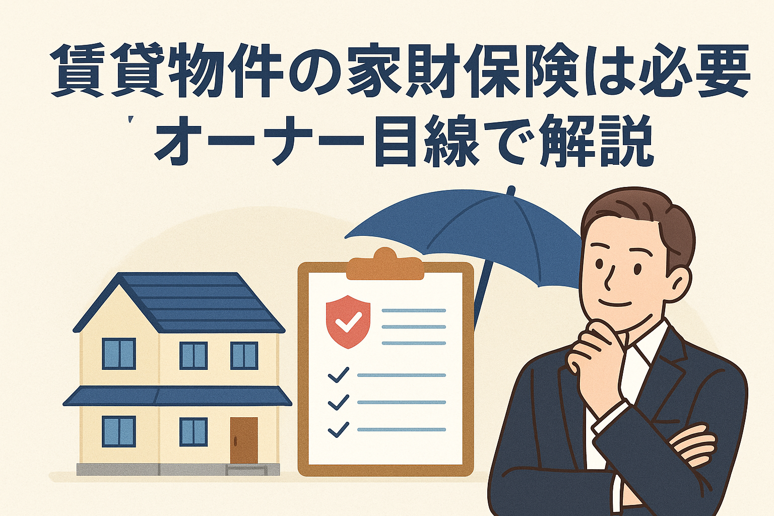 賃貸物件の家財保険の必要性をオーナー目線で解説する記事用イラスト。住宅、保険証書、傘で守られるイメージを描き、安心感を表現。