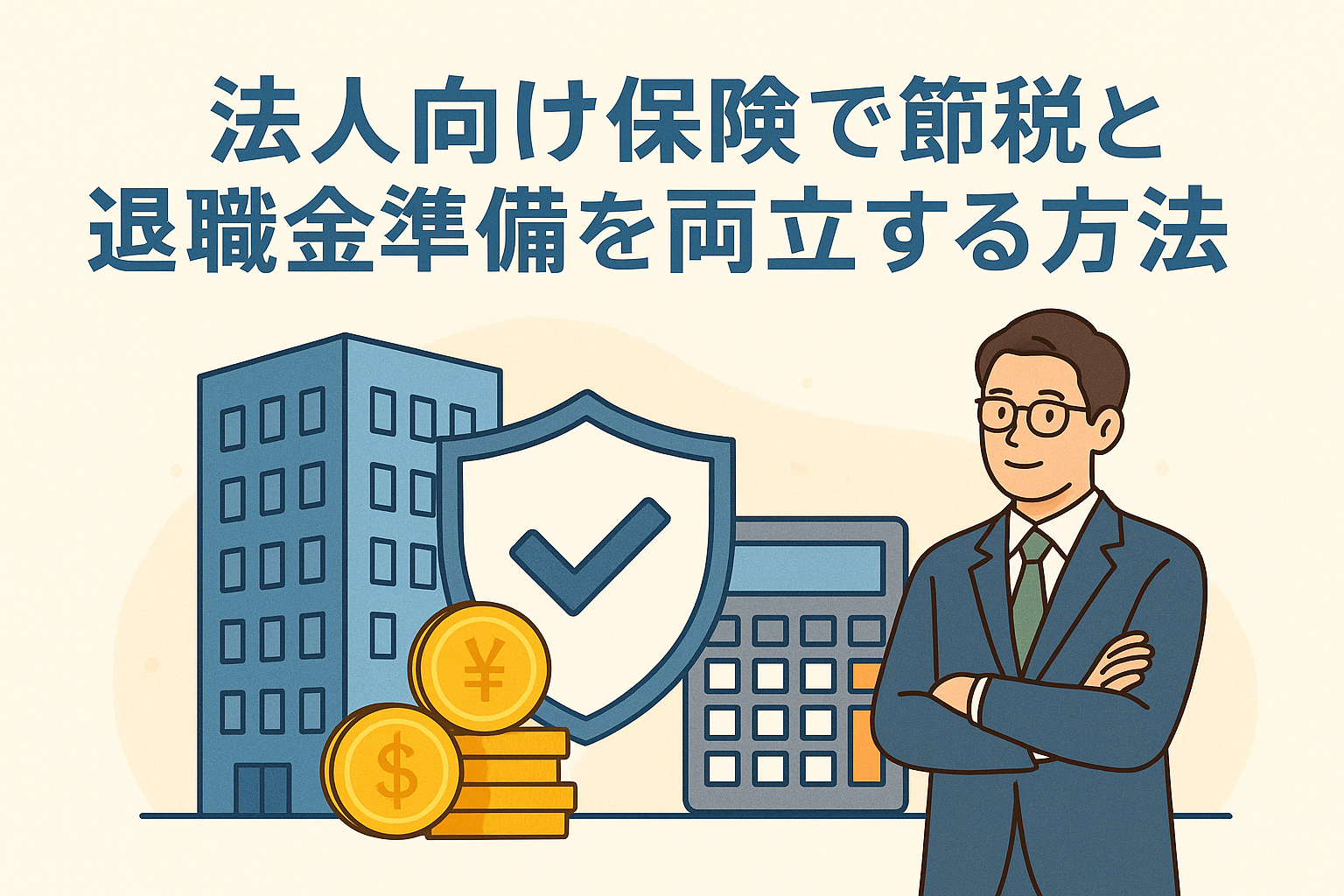 法人向け保険を活用した節税と退職金準備の両立を表現するイラスト。ビル、保険を象徴する盾、計算機、コイン、経営者の人物を描写。