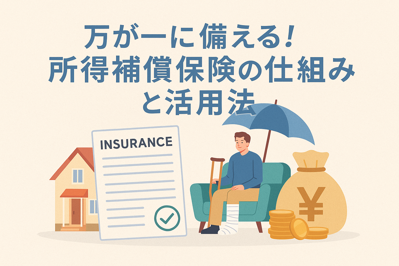 所得補償保険の仕組みと活用法を説明する記事用イラスト。ケガをした男性、家、保険証書、傘やお金のアイコンで安心感を表現。