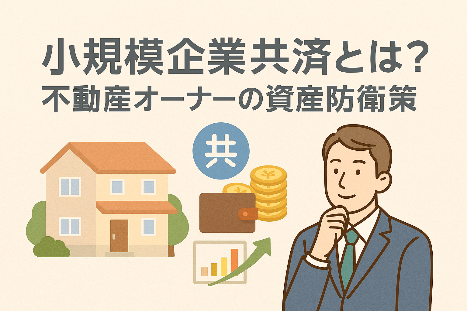 小規模企業共済と不動産オーナーの資産防衛をテーマにしたイラスト。住宅、コイン、グラフ、スーツ姿の人物が描かれ、積立と安心感を表現。