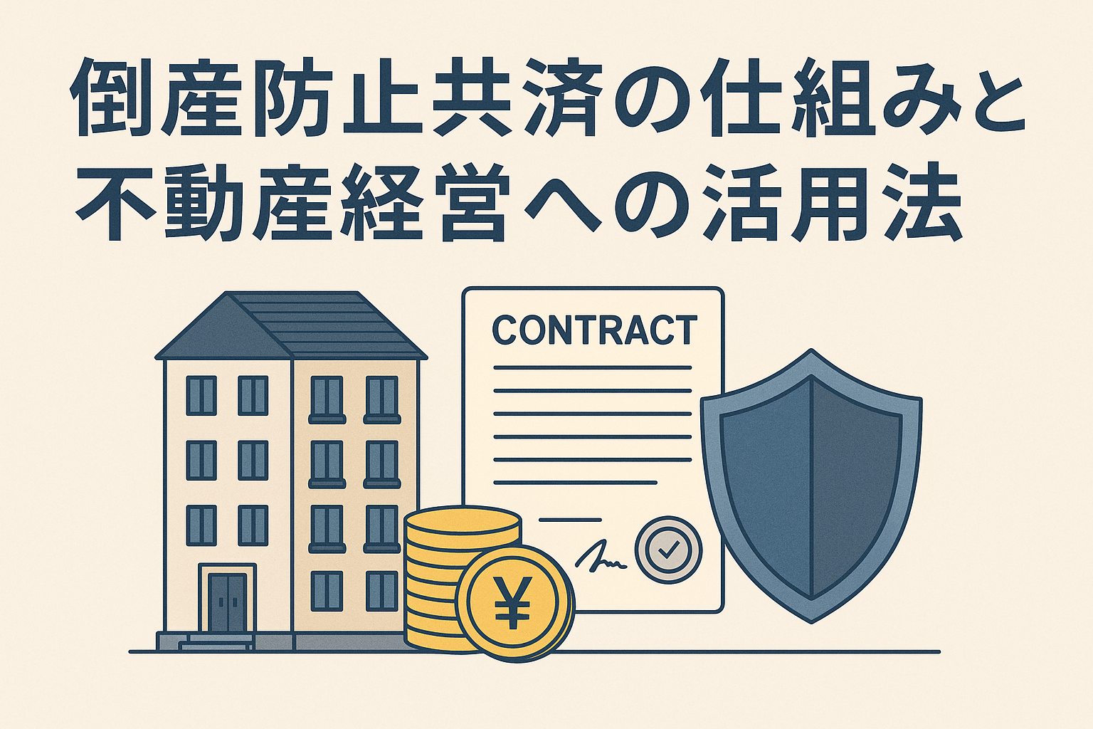 倒産防止共済の仕組みと不動産経営への活用法を表現したアイキャッチ画像。マンション、契約書、コイン、盾をモチーフに資金防衛をイメージ化。