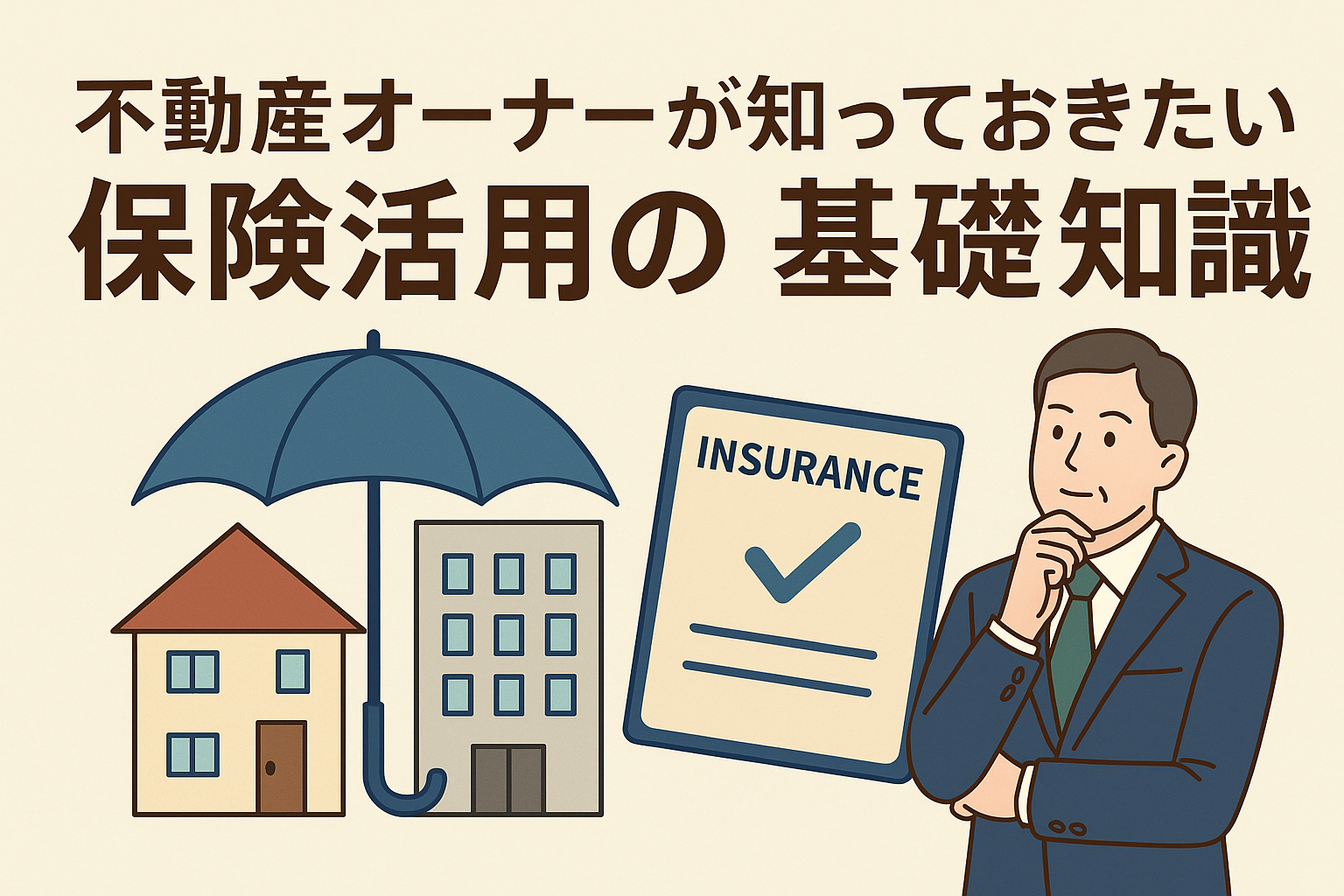 不動産オーナーが知っておきたい保険活用の基礎知識を表すアイキャッチ画像。建物、傘、保険証書、スーツ姿の男性が描かれ、資産防衛を象徴。