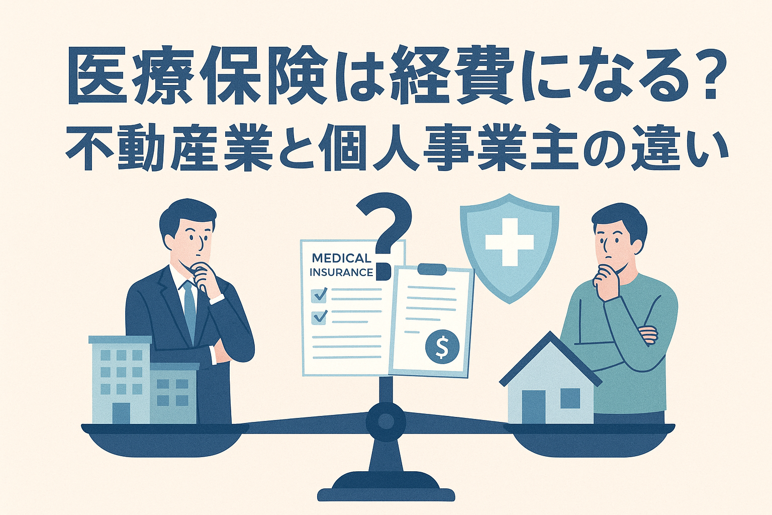 医療保険が経費になるかをテーマに、不動産業と個人事業主の違いを比較するイラスト。ビルと住宅、人物、医療保険の書類を描写。